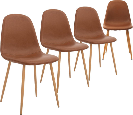 CangLong Set van 4 eetkamerstoelen, retro gestoffeerde keukenstoelen voor keuken, eetkamer, kunstleer loungestoelen met metalen poten, bruin