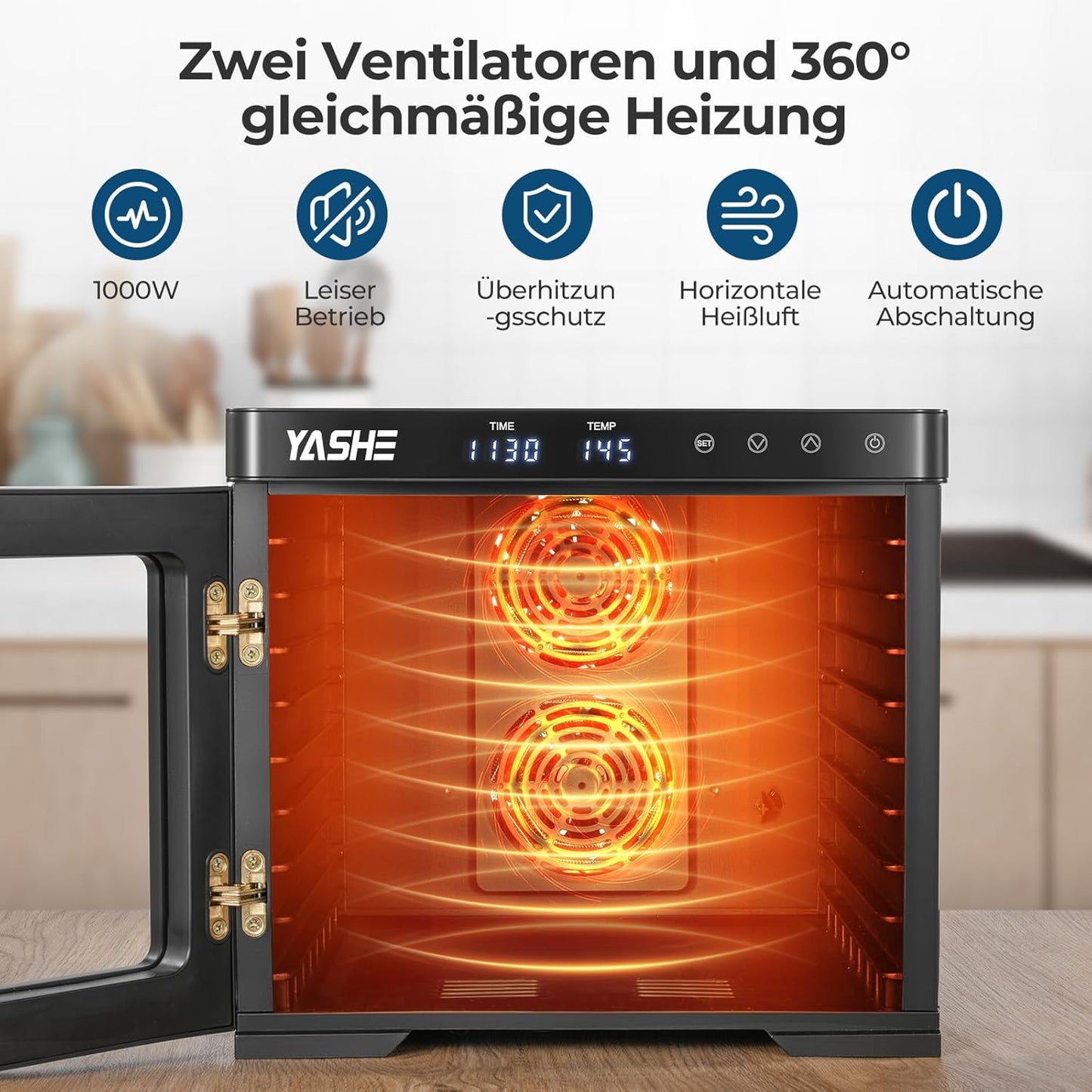 Roestvrijstalen droogautomaat, 1000 W voedseldroger voor groenten en fruit met led-display, nauwkeurige temperatuurregeling (35-75 °C), 48-uurs timer, 9 roestvrijstalen schalen, 2 gaaszeefjes, 1 kom