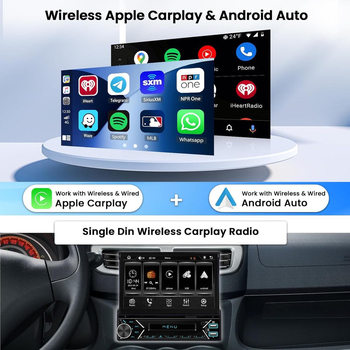 Hikity 1 DIN-autoradio met draadloze CarPlay, met 7 inch touchscreen-scherm Android Auto, met bluetooth, FM-radio, USB Type-C, AUX, achteruitrijcamera