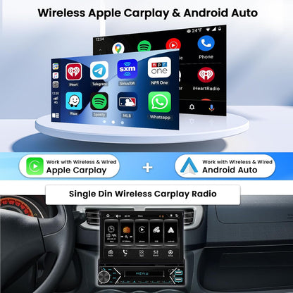 Hikity 1 DIN-autoradio met draadloze CarPlay, met 7 inch touchscreen-scherm Android Auto, met bluetooth, FM-radio, USB Type-C, AUX, achteruitrijcamera
