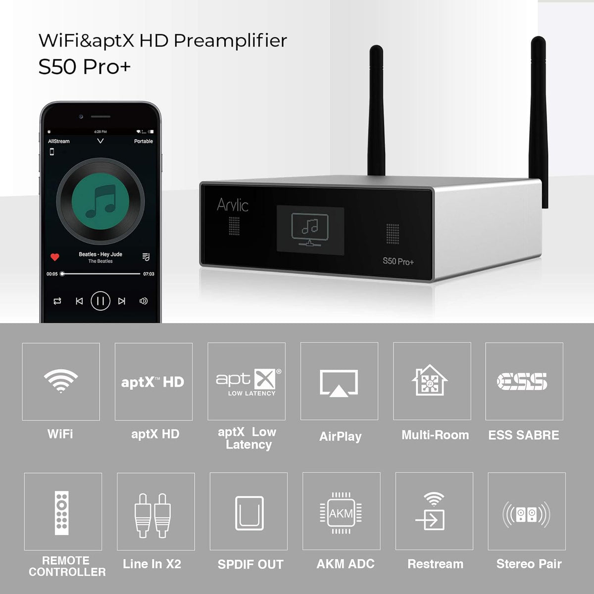 Arylic S50 Pro+ wifi & Bluetooth 5.0 audio-ontvanger, aptX HD voorversterker met ESS Sabre Dac AKM ADC multiroom/multizone, draadloze wifi audio-ontvanger met Airplay, Spotify, internetradio