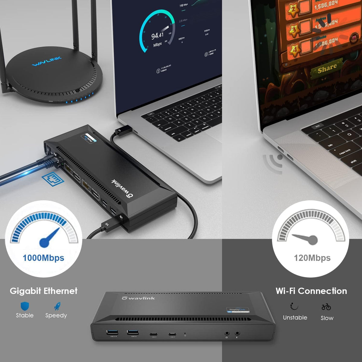 WAVLINK USB C Dual 4K Laptop Docking Station met 60W Power Delivery, ondersteunt dubbele 4K video-uitgangen (DisplayPort en HDMI, Gigabit Ethernet, Audio Out en Mic In, 4 USB 3.0 en 2 USB C-poorten)