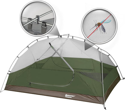 Bessport Campingtent voor 2-3 personen, 4 seizoenen, waterdicht, eenvoudig te monteren, ventilatie met dubbele deuren, rugzaktent, ideaal voor kamperen en outdoor-activiteiten
