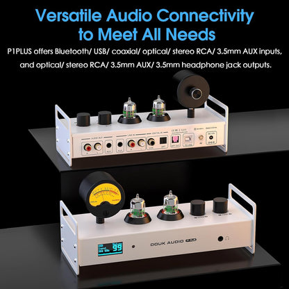 Douk Audio 2-kanaals Bluetooth vacuümbuizen, voorversterker, hifi-hoofdtelefoonversterker, USB-DAC pc-geluidskaart, draadloze ontvanger, audio preamp met VU-meter, optisch, coaxiaal, APTX, LDAC