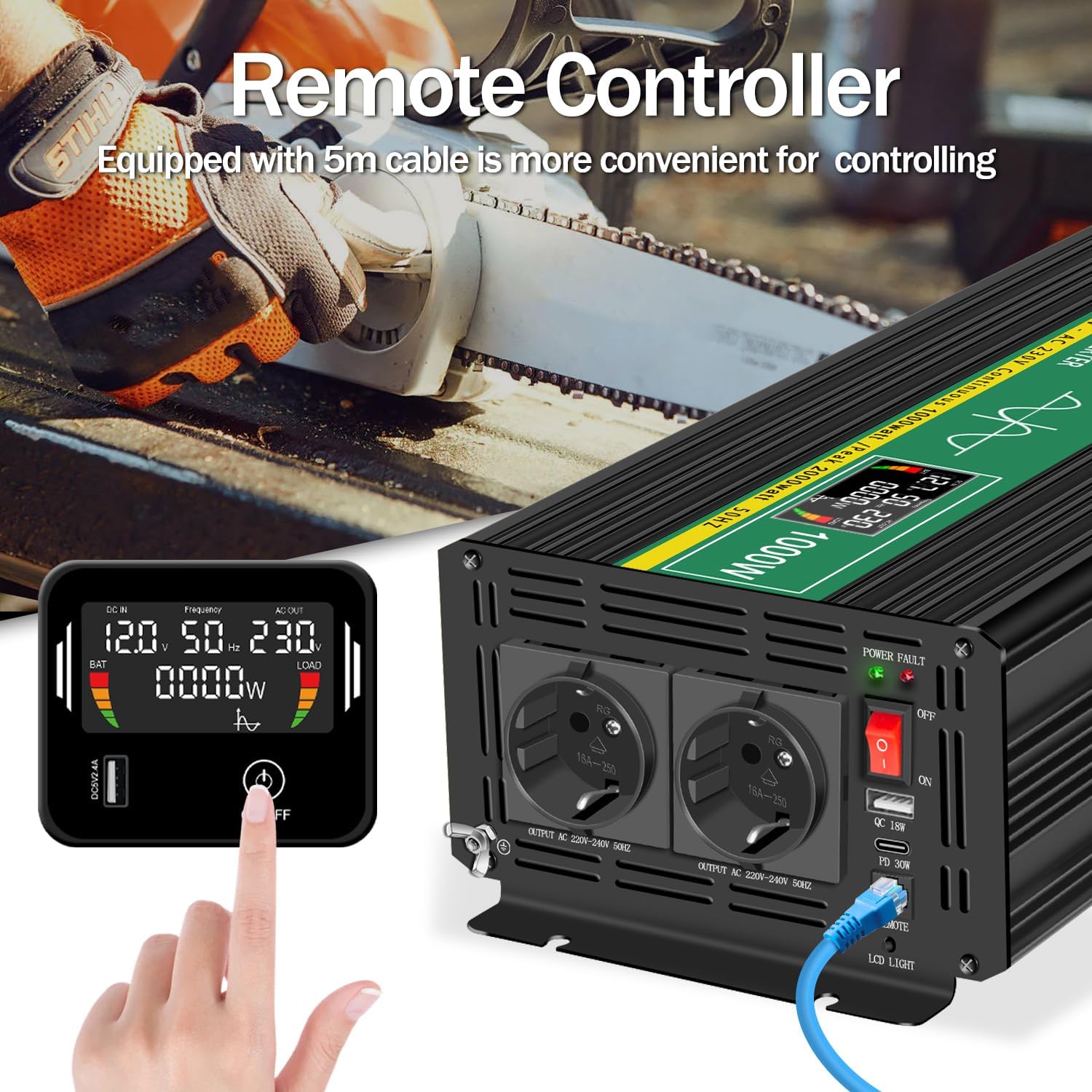 1000W Zuivere Sinus Omvormer – Stroomomzetter – Spanningsomvormer – 12V Naar 230V – Power Inverter – LCD Display – Afstandsbediening – Meervoudige Beveiliging - QUORE