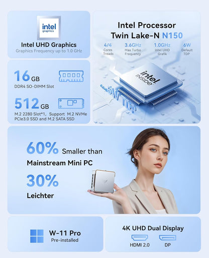 NiPoGi Mini PC Windows 11 Pro, Intel Celeron N5105 (bis zu 2,9 GHz) Mini Computer, 12GB RAM 256 GB M.2 SSD