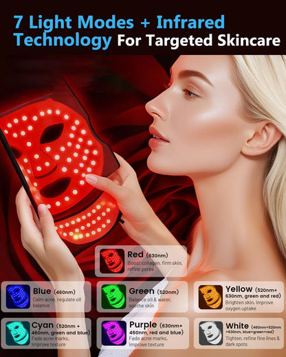 LED-Lichttherapiemasker – Gezichts- En Nekmasker – LED-Masker – Rood Licht Masker – Huidverzorgingsmasker – 7 Lichtstanden – Draadloos USB-C Oplaadbaar