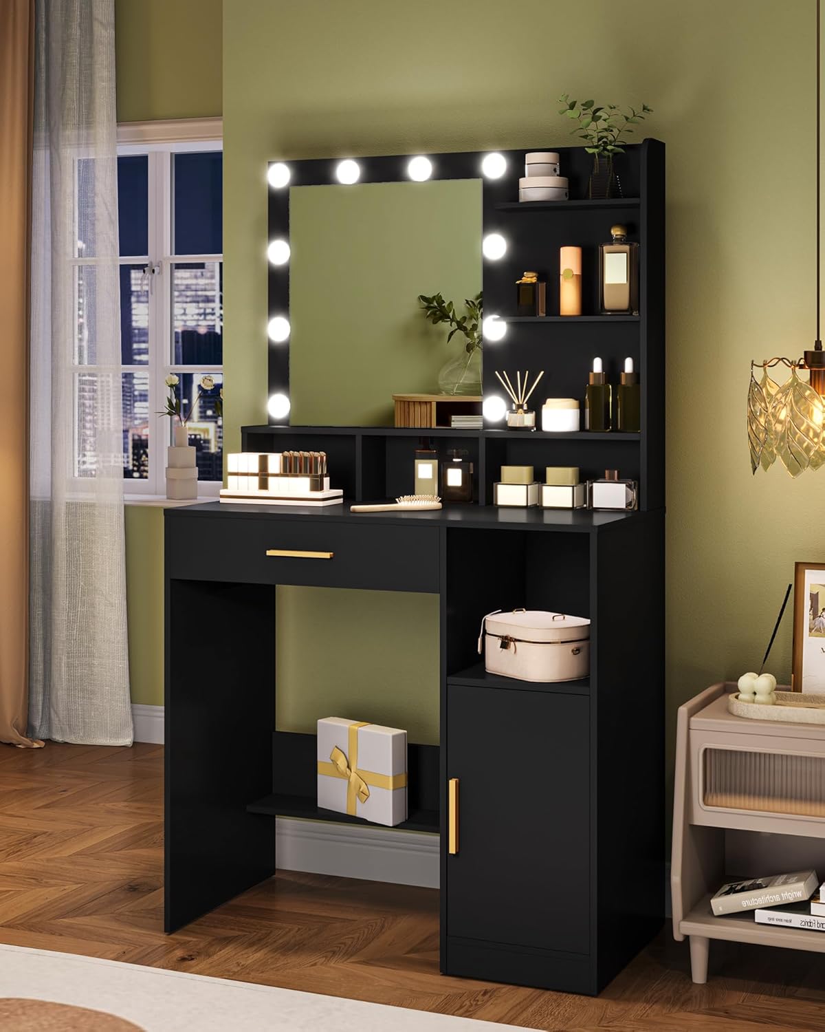 Hzuaneri Dressing Table with Mirror and 10 Led Lighting, with 3 Shelves & 4 Open Compartments, Dressing Table with Large Drawer & Cabinet, 3 Adjustable Luminosity, BlackVT08106X
