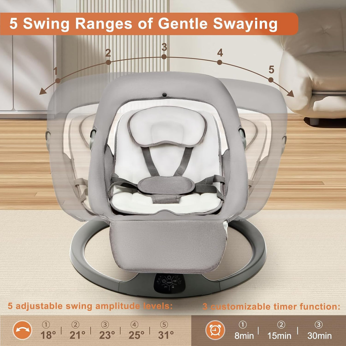 Baby Electric Bouncer 0 to 12 kg with Lullaby, 5 Rocking Speeds, Dinner Plate, Bluetooth Remote Control, Foldable, 5-Point Strap, for Indoor and Outdoor Use - QUORE
