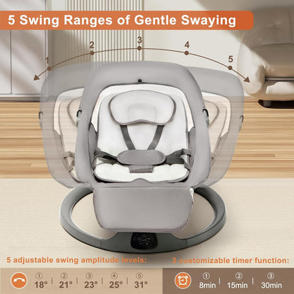 Baby Electric Bouncer 0 to 12 kg with Lullaby, 5 Rocking Speeds, Dinner Plate, Bluetooth Remote Control, Foldable, 5-Point Strap, for Indoor and Outdoor Use - QUORE