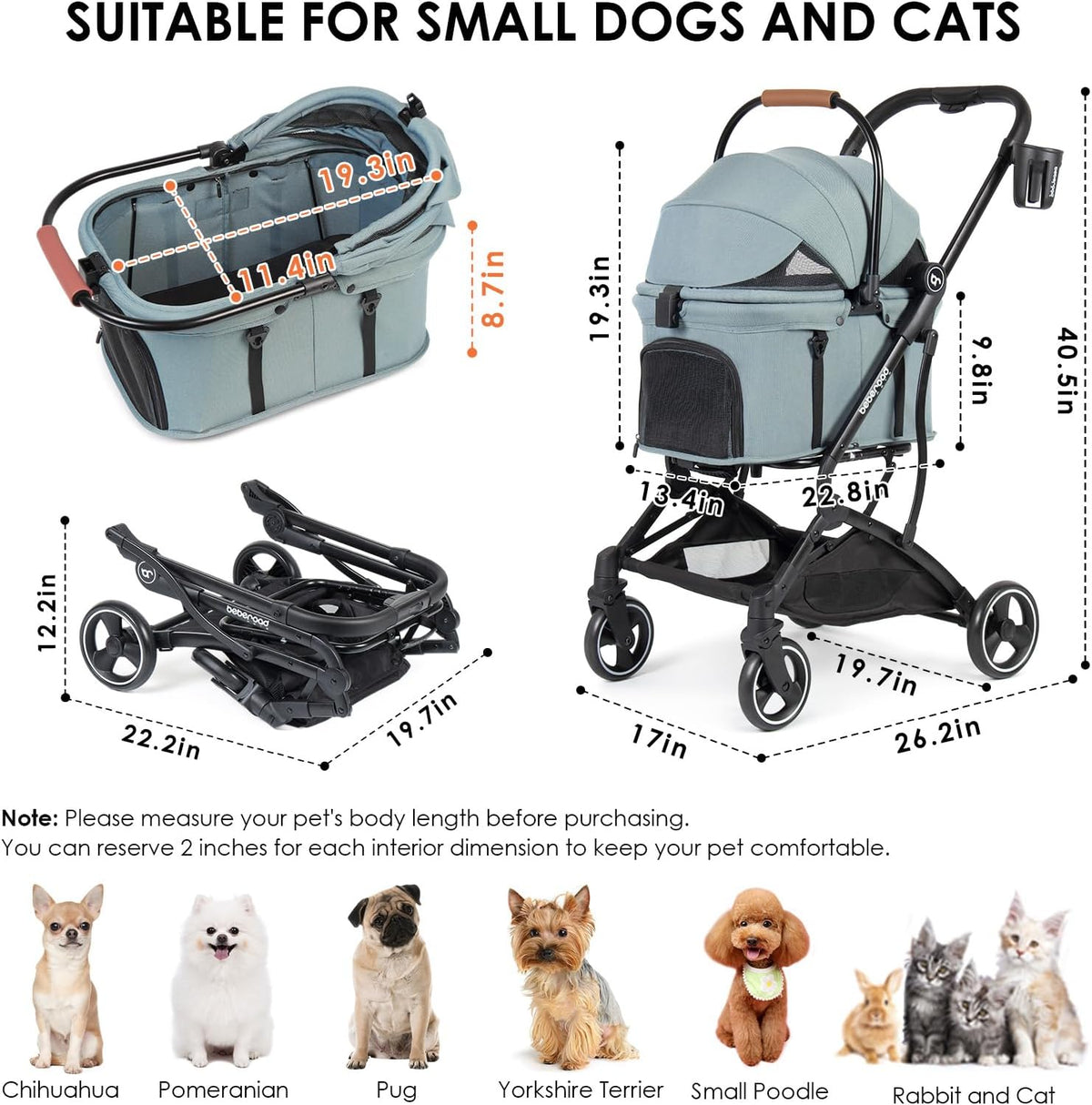 T3 Huisdierwagen, 3-in-1 hond en kat, kinderwagen voor kleine middelgrote honden en katten, opvouwbare lichte puppywagen, huisdiergear, reizen, hondenwagen (groen)