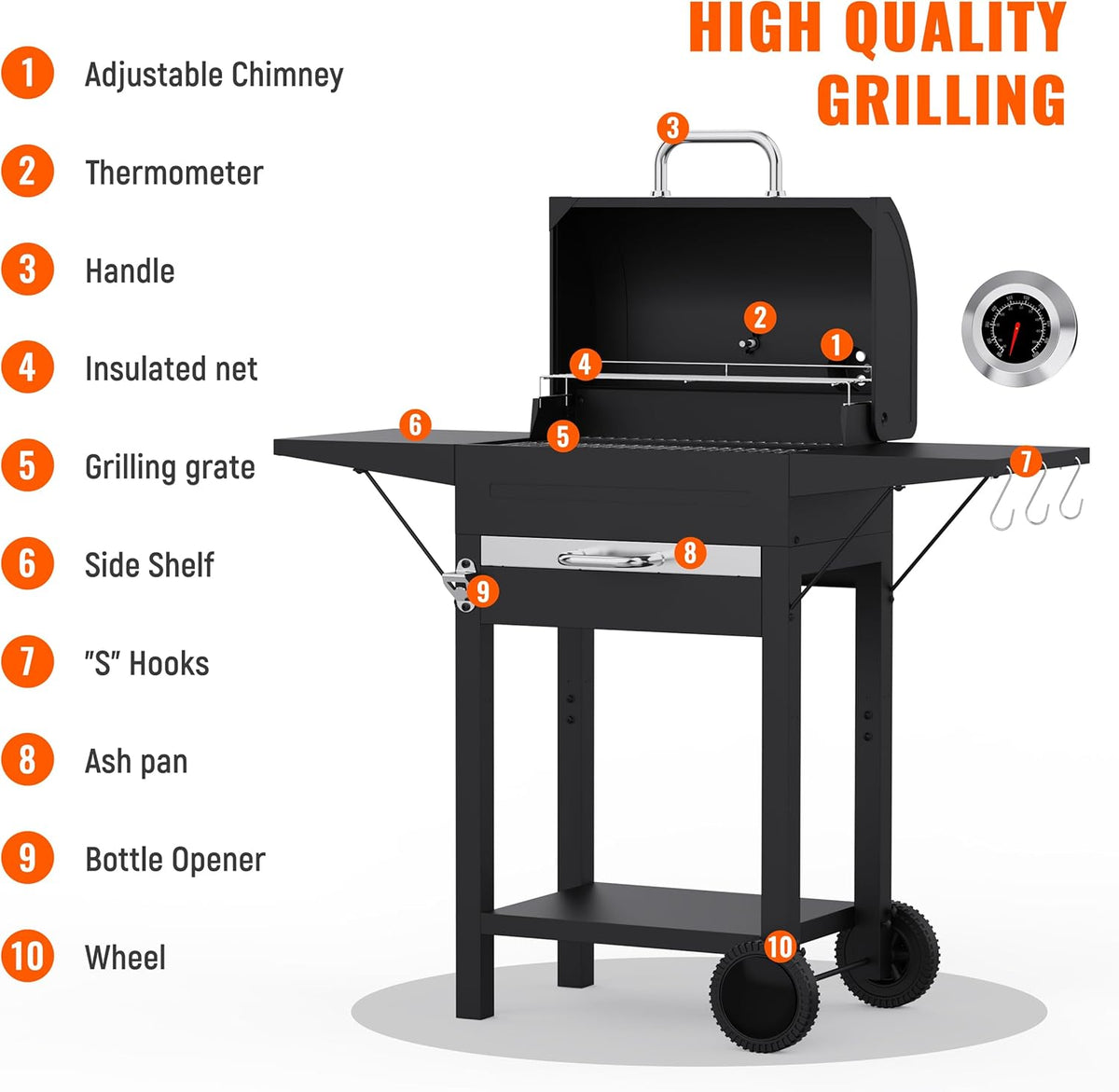 XL Houtskool BBQ Grill voor buiten koken vierkante buis kar roker grill met thermometer, dubbellaags grillrooster, bijzettafel en beweegbare wielen, zwart