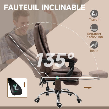 Vinsetto Bureaustoel, massage, verwarmd, bureaustoel, ergonomisch, in hoogte verstelbaar, rugleuning kantelbaar, microvezeldoek, bruin