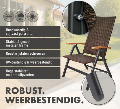 BRUBAKER Set of 2 Polyrattan Garden Chairs Modena - High Backrest Foldable - 8-way adjustable Backrest - Folding Chair Aluminium - Weatherproof - Brown/Grey - QUORE