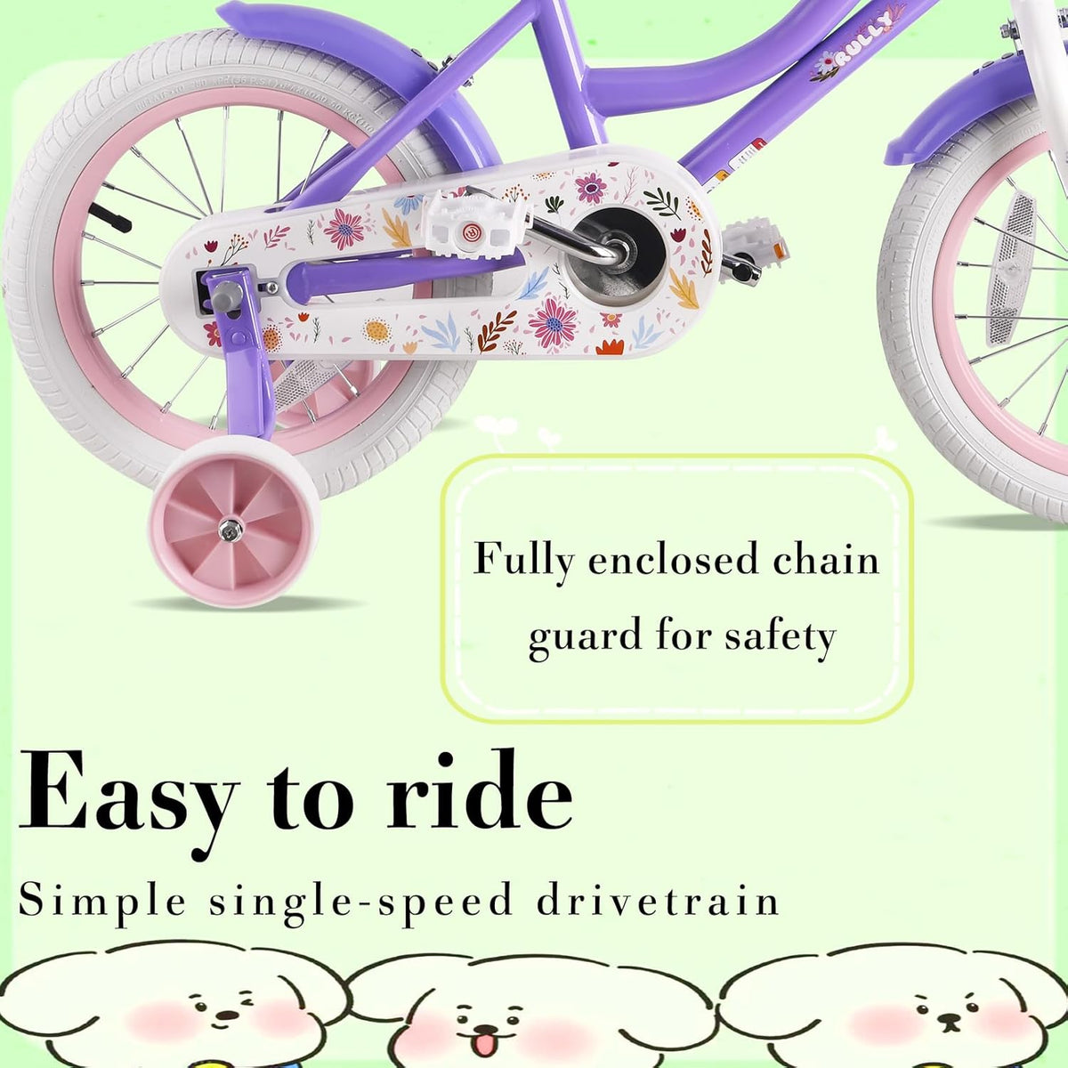 RULLY Daisy Kinderfiets voor meisjes van 3, 4, 5 jaar, met steunwielen en mand, paars