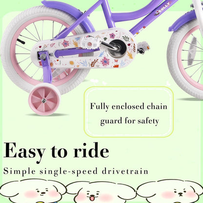 RULLY Daisy Kinderfiets voor meisjes van 3, 4, 5 jaar, met steunwielen en mand, paars