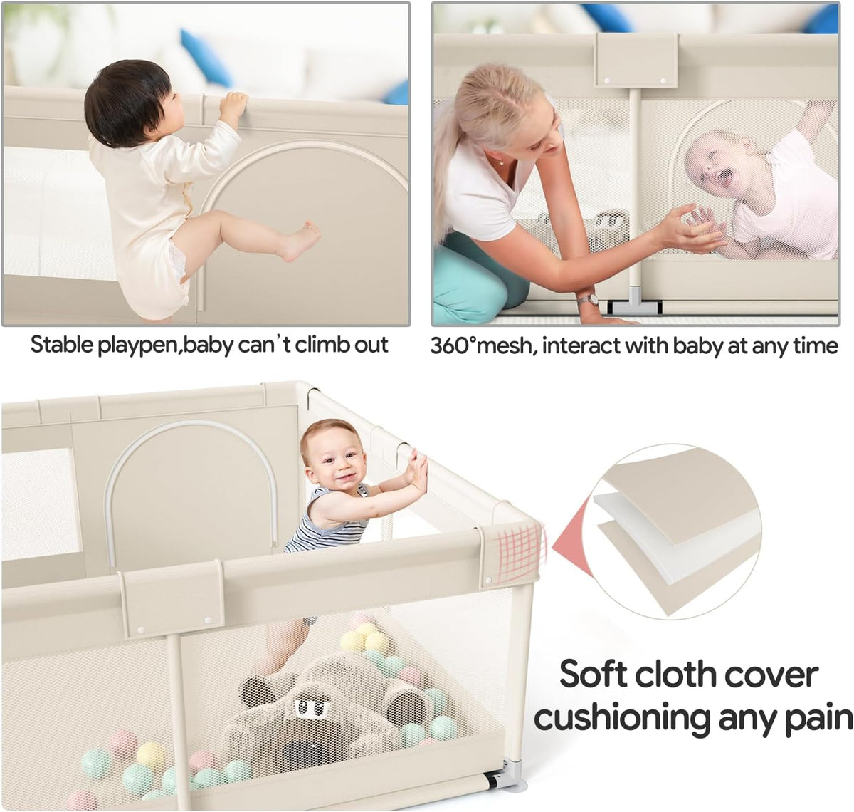 Fodoss 47 x 47 inch box, 120 x 120 cm playpen for children (47 x 47 inch beige) - QUORE