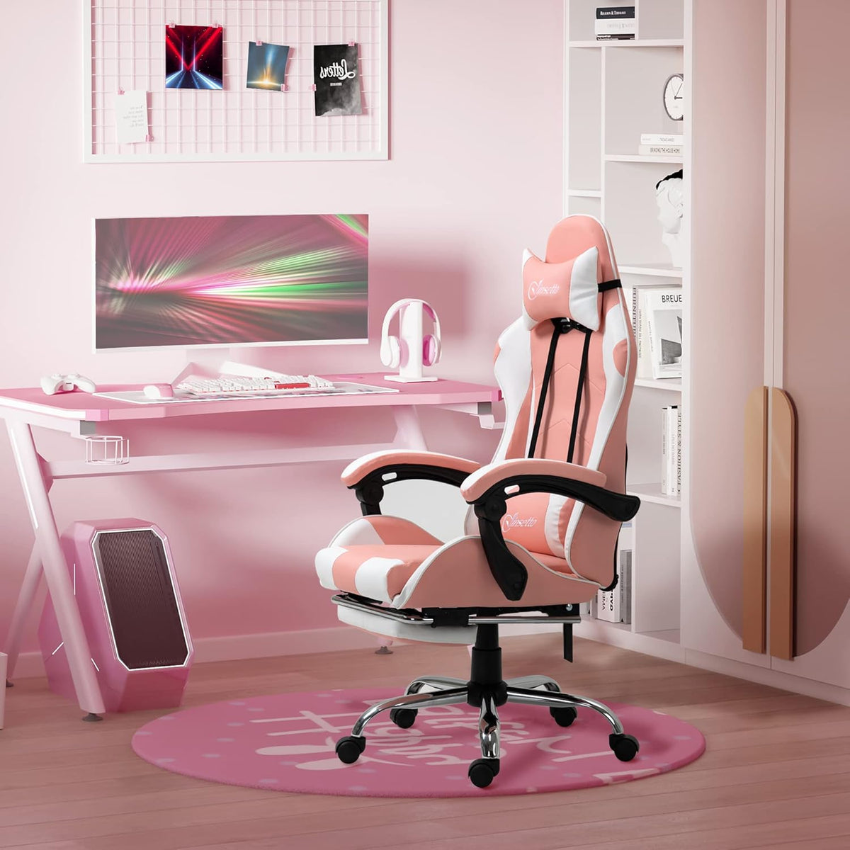 Vinsetto Gaming Chair, Ergonomic Office Chair with Headrest, Massage Lumbar Cushion, Footrest, Swivel Gaming Chair, PC Chair with Connecting Armrests, Tilt Function, Pink - QUORE