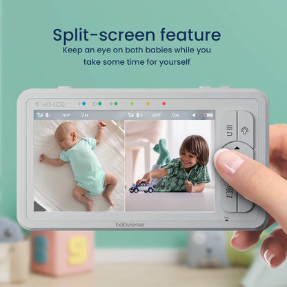 Babysense Babyfoon HD 5 inch met 2 camera's, video-babyfoon zonder wifi, nachtlampje, slaapliedjes, 300 m bereik, tweeweg audio, 4-voudige zoom, 4000 mAh batterij