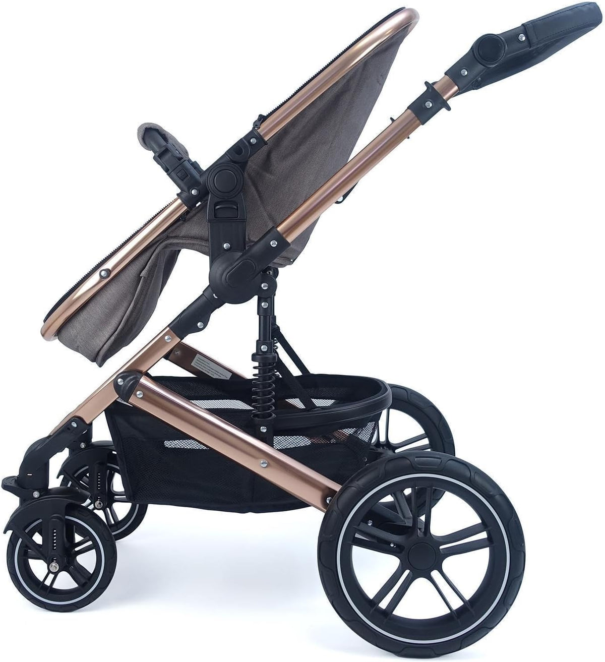 Pixini Neyla Combi kinderwagen met stoffen kuip, buggy, luiertas, drankhouder, regenzeil, muggennet, aankleedkussen (goud/bruin)