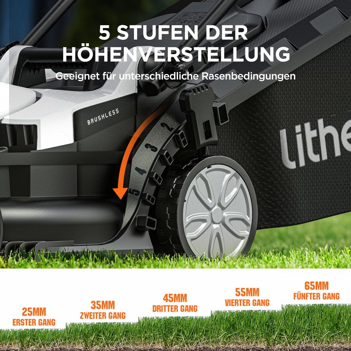 Litheli Accugrasmaaier, 20 V/33 cm maaibreedte, borstelloos, tot 200 m², opvangbak van 30 liter, 25-65 mm maaihoogte, incl. 4,0 Ah accu