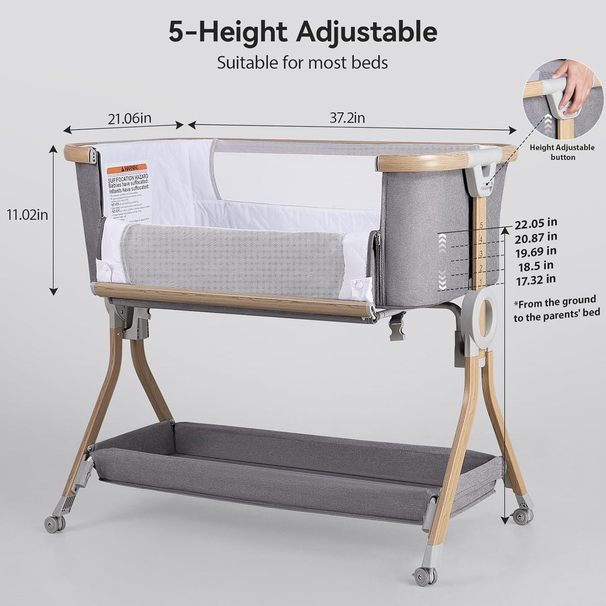 Larex Bijzetbed voor baby's, 3-in-1 babybed met muggennet, opbergtas en mand, in hoogte verstelbaar 5-traps babybed, 4 wielen met rem, ademend matras en mesh (donkergrijs)