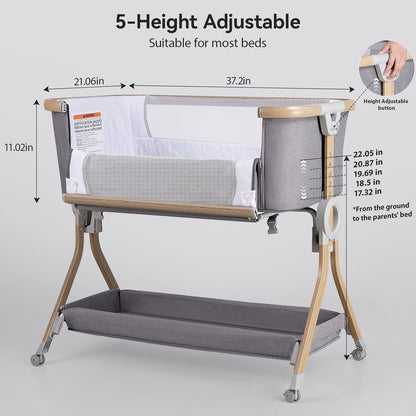 Larex Bijzetbed voor baby's, 3-in-1 babybed met muggennet, opbergtas en mand, in hoogte verstelbaar 5-traps babybed, 4 wielen met rem, ademend matras en mesh (donkergrijs)