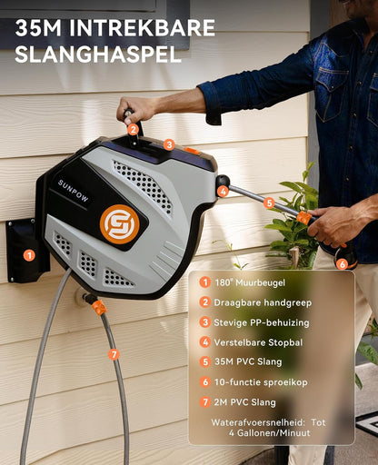 SUNPOW Slanghaspel voor Wandmontage - 35mx12mm - Willekeurige Lengte Vergrendeling, Automatisch Oprolsysteem, 180° Draaibare Beugel - 19mm Aansluiting en 10-Functie Sproeikop - Grijs