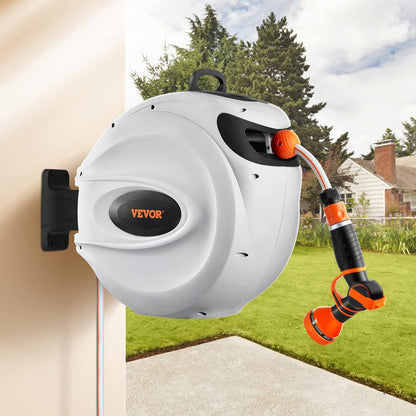 VEVOR Intrekbare tuinslanghaspel, 1/2" x 100 ft wandgemonteerde slanghaspel, zware tuin met 9 patronen mondstuk, elk lengteslot, automatisch terugspoelen langzaam retoursysteem en 180 ° draaibare