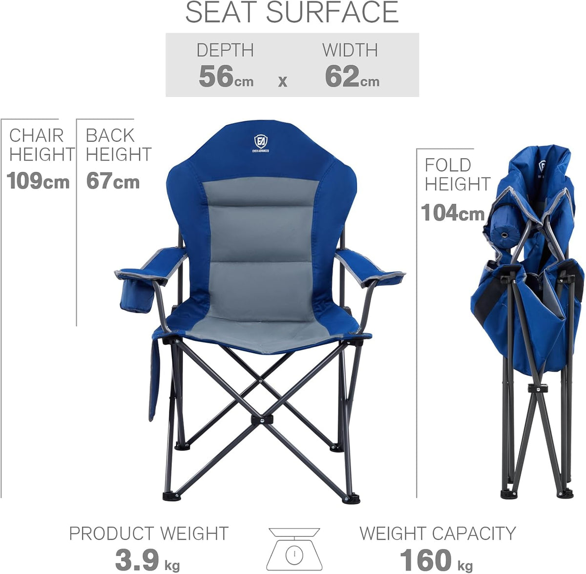 EVER ADVANCED Campingstoelen voor volwassenen set van 2 ondersteunt 160 kg zware mensen klapstoel luxe outdoor met hoge rug en bekerhouder en zijvakken opvouwbare stoel gewatteerd blauw