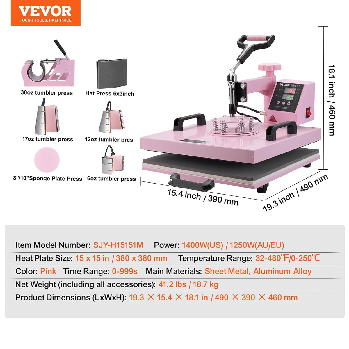 VEVOR Warmteoverdrachtsmachine, 380 x 380 mm, 8-in-1 hittepersmachine, trommelpers, 0,17 kg-0,85 kg, 360 graden oscillerende T-shirt-pers voor T-shirts/platen, roze