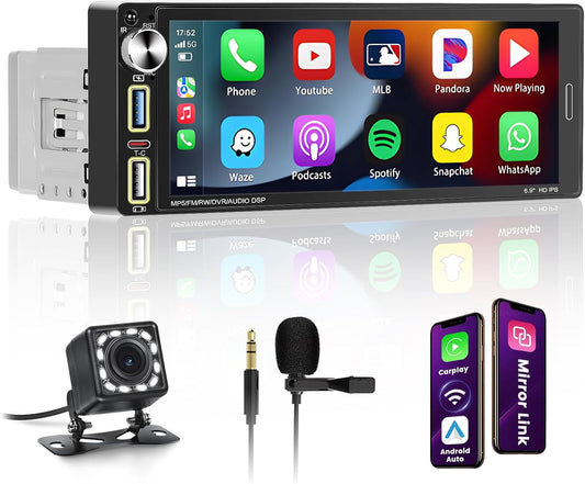 Hikity Autoradio 1 Din 6. 9 Inch met Wireless Carplay Android Auto, Auto Radio Touch Screen met Mirror Link, MP5 FM Receiver USB Type-C EQ SWC MIC Achteruitkijkcamera