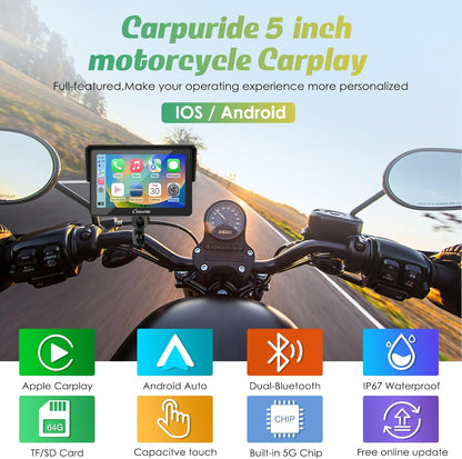 Carpuride W502 Motorfiets GPS Draadloos Draagbaar Apple Carplay & Android Auto, 5 inch IPS Waterdicht Touchscreen met Dubbele Bluetooth, TF Kaart, Navigatie/Siri/Google Assistant voor Motorfietsen