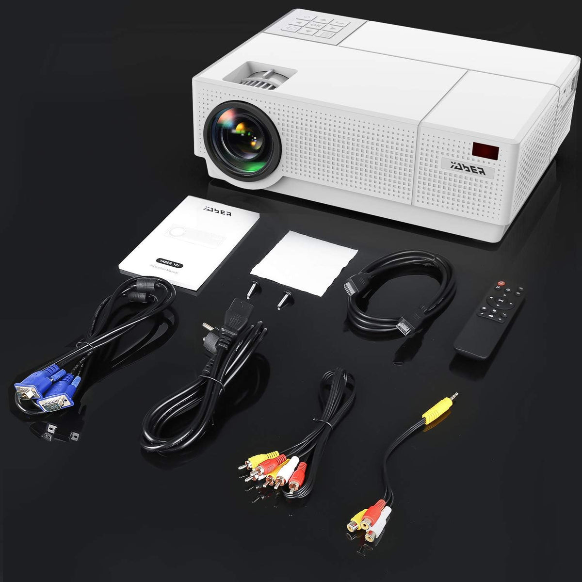 YABER Projector, 7200 lumen projector 1080p native (1920 x 1080) ± 50° trapeziumcorrectie led full HD 350 inch thuisprojector voor iPhone, smartphone, pc, tvbox, laptop, PS4