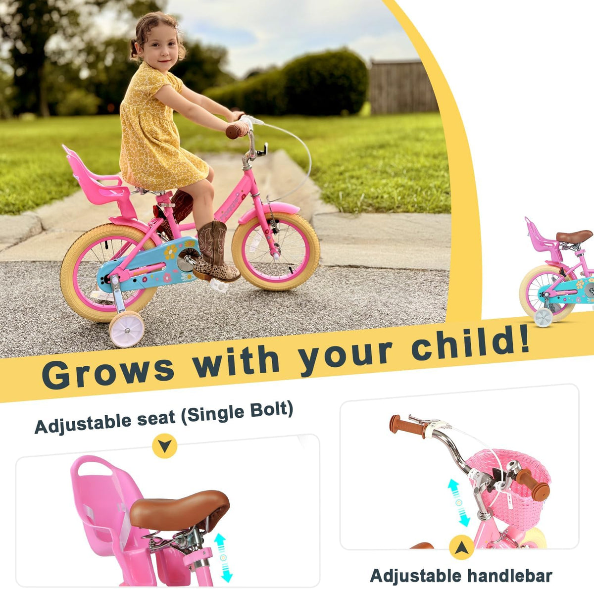 Glerc Maggie Meisjesfiets, 12-20“, kinderfiets voor 2-13 jaar oude kinderen, prinsessenstijl, kinderfiets met poppenzitje & mand en trainingswielen, meerdere kleuren