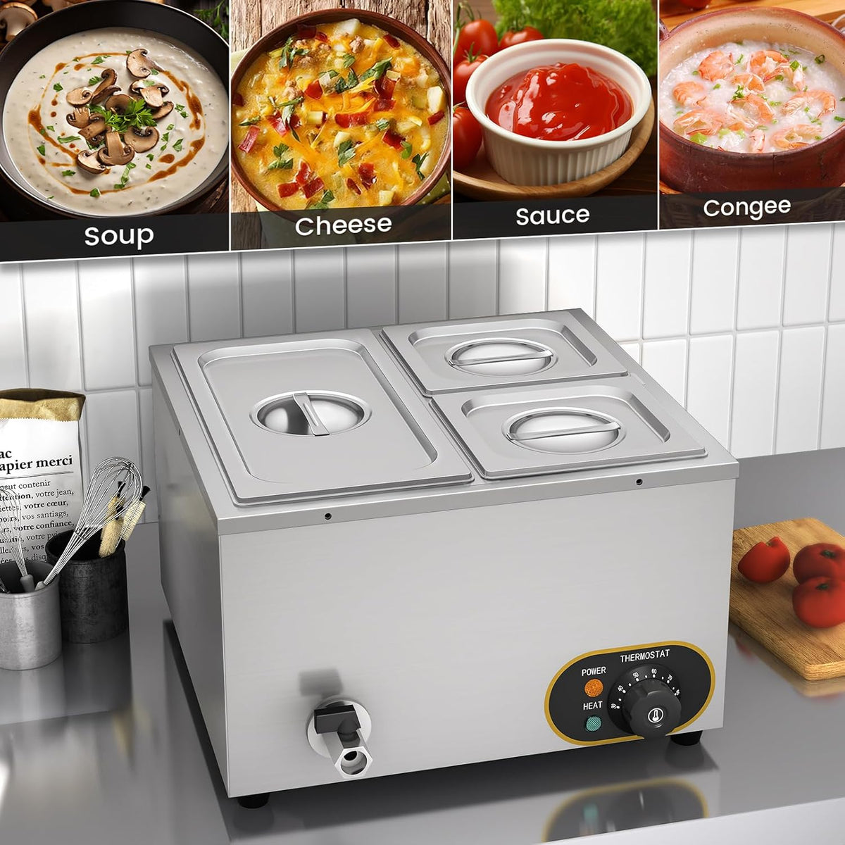Elektrisch waterbad van roestvrij staal, voedselwarmer buffet, 1 x 1/3 GN container + 2 x 1/6, met deksel, instelbare temperatuur 30 °C - 85 °C