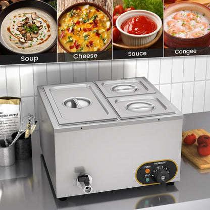 Elektrisch waterbad van roestvrij staal, voedselwarmer buffet, 1 x 1/3 GN container + 2 x 1/6, met deksel, instelbare temperatuur 30 °C - 85 °C