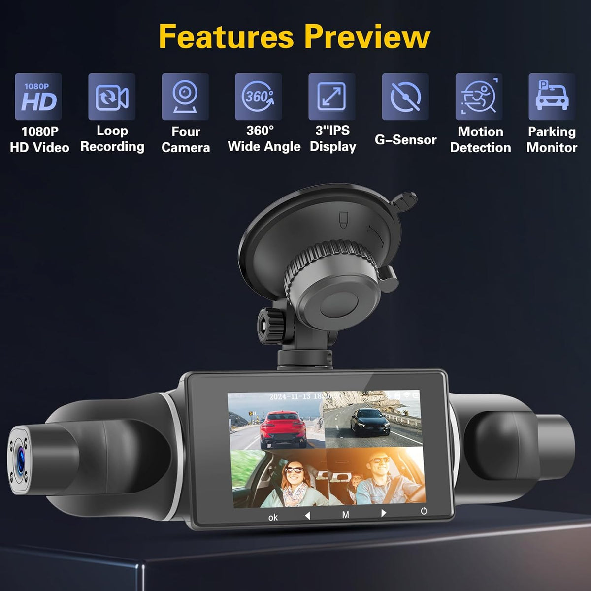 Dashcam – Autocamera – Rijcamera – Auto DVR – Autorecorder – 1080P 4-Kanaals 360° Groothoek – WiFi & App-Bediening Met 64 GB SD-Kaart