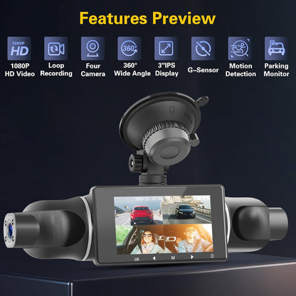 Dashcam – Autocamera – Rijcamera – Auto DVR – Autorecorder – 1080P 4-Kanaals 360° Groothoek – WiFi & App-Bediening Met 64 GB SD-Kaart
