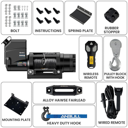 Anbull Elektrische lier 12 V 12 V 6.000 LBS / 2722 kg, IP68 waterdicht, geen bedrading nodig, synthetische kabel 6,3 mm x 16,8 m, nylon touw, geschikt voor quad, ATV, UTV