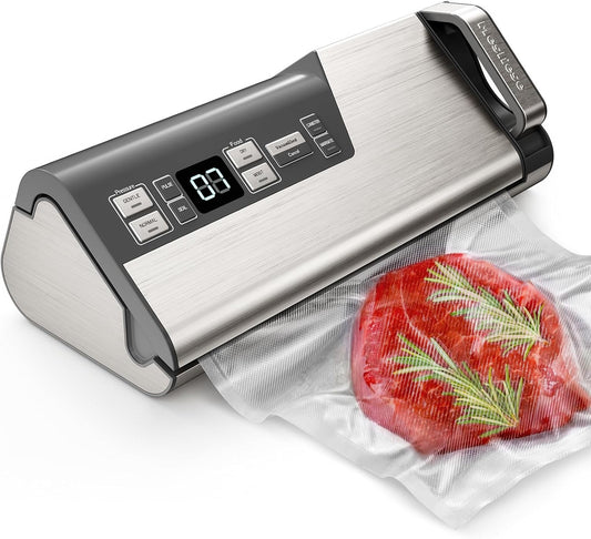 Mesliese Vacuümmachine, 95 kPa, 140 W, dubbel sealvacuümapparaat, krachtig, bediening met één hand, voedselopslag met geïntegreerd snijwerk en rolopslag (grijs)