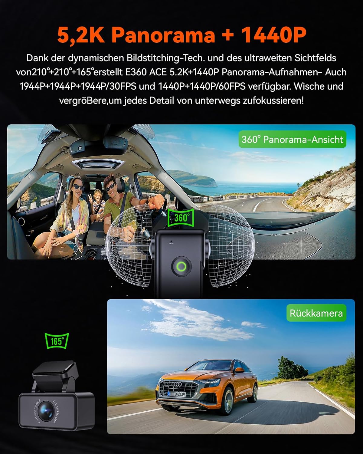 Dashcam – Autocamera – Auto Camera – Rijcamera – Rijregistratie Camera – 3-Kanaals 5.2K Panorama + 1944P – Dubbel STARVIS 2 HDR Nachtzicht