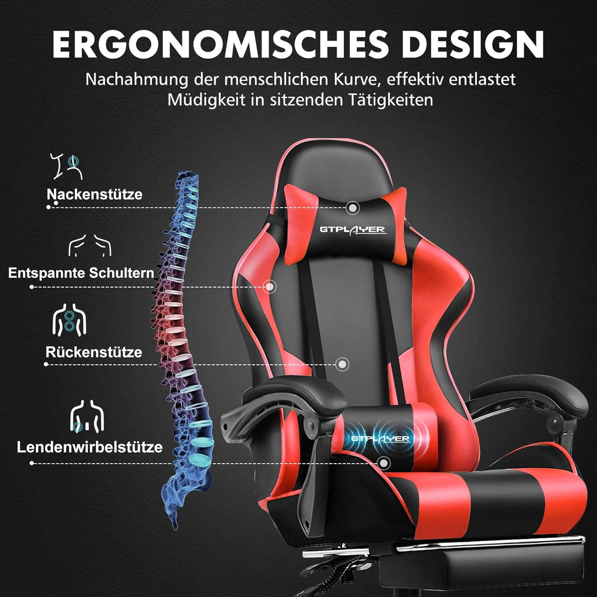GTPLAYER Gamingstoel, bureaustoel, ergonomische pc-stoel, gamingstoel met massagesteun, task stoelen met voetensteun en hoofdsteun, rood kunstleer