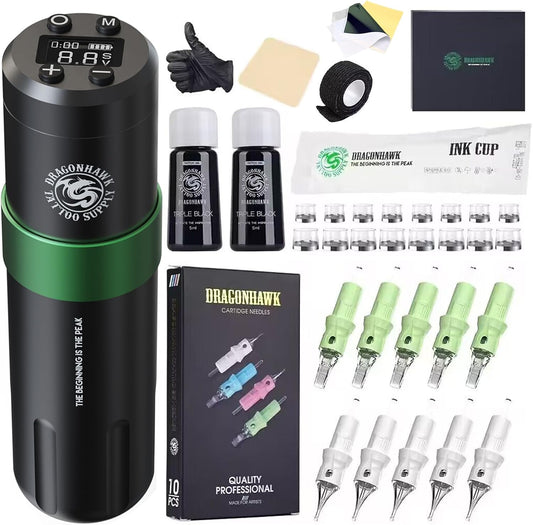 Dragonhawk Tattoo Maschine Set, Kit Rotary Tattoo Pen Wireless Tattoo Pen Machine Gun Coreless Motor 3.5mm Stroke Length 20 pcs Cartridges Tattoo nadeln for Tattoo beginner