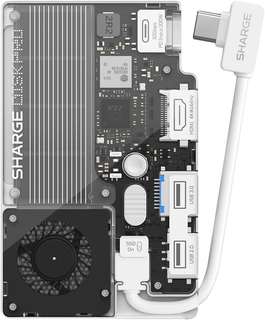 SHARGE Disk Pro 1TB draagbare SSD met actieve koeling, 4-poorts hub met HDMI 2.1, USB-C 10 Gbps kabel, magnetische externe SSD voor MacBook, pc, PS5, Steam Deck