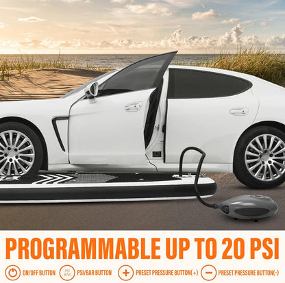 TIGERXBANG Elektrische SUP-pomp, 20 psi, hogedruk-peddelboardpomp met draagbaar digitaal lcd-scherm, elektrische luchtpomp voor opblaasbare -12 V DC auto-aansluiting, auto-off-functie