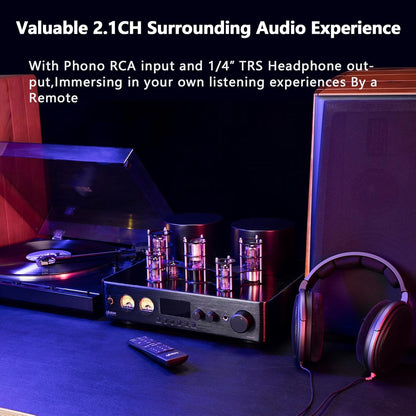 Juson Audio JTA100 200 W vacuümbuisversterker, geïntegreerde hybride met BT 5.0, Optisch AUX RCA Phono-ingang en hoofdtelefoonuitgang, 2.1CH Class AB, hifi home audio voor platenspeler