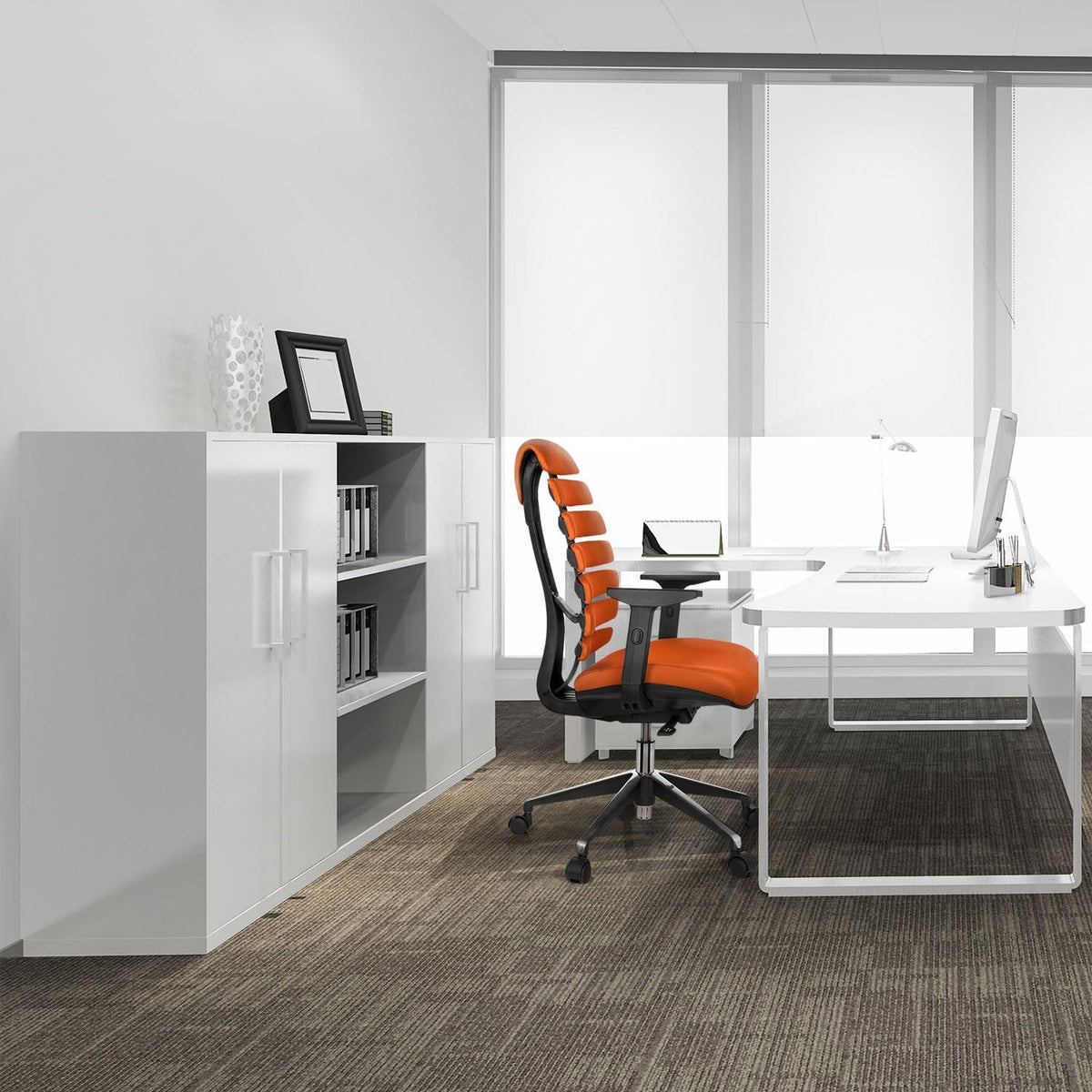 Ergonomische bureaustoel – Bureaustoel Draaistoel Kantoorstoel Werkstoel Designstoel – Vijfvoudig Verstelbare Armleuningen – Geïntegreerde Lendensteun – Traploze Hoogteverstelling – Synchroonmechanisme – Oranje Stof