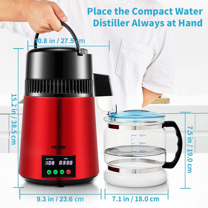 VEVOR Water Distiller 1L to H Household Red Water Distiller Produce Distilled Water 750W, Double Screen Stainless Steel Distiller Plant with Glass Jar Distilling Pure Water