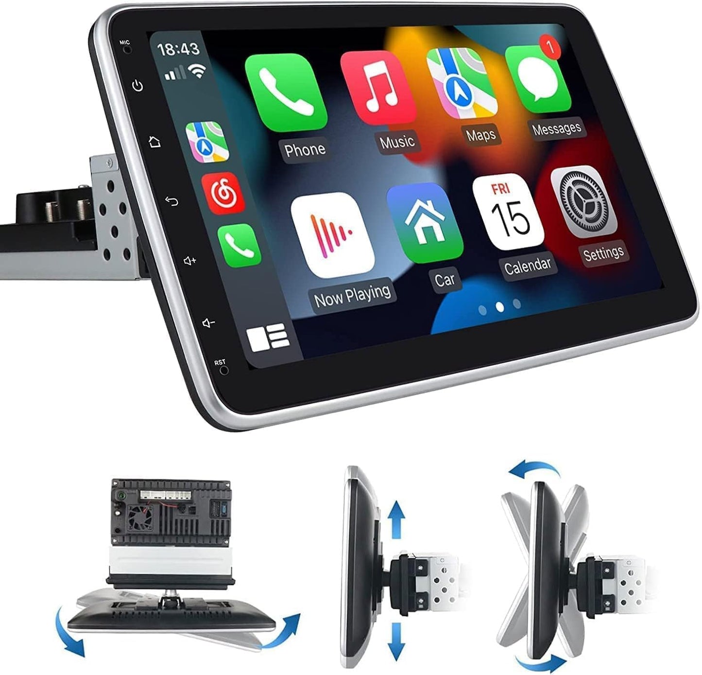 Single 1 DIN autoradio met Apple CarPlay Android Auto draadloos, 10.1" afneembaar HD draaibaar kantelbaar touchscreen GPS Navi Bluetooth, ondersteuning back-up camera, audio video ontvanger
